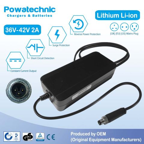 12V to 42V 2A Thin Bolt 3-pin Li-Ion Charger for 36V STL Battery - PCL12-3602018 