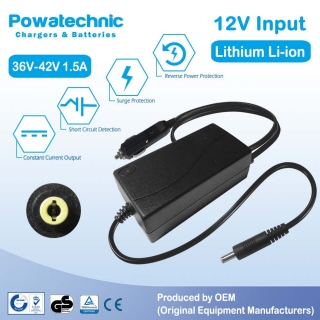 12V In-Car to 42V 1.5A Light Duty Charger 1-pin Jack for 36V Li-Ion Battery (8.9Ah max) - PCL12-3601006
